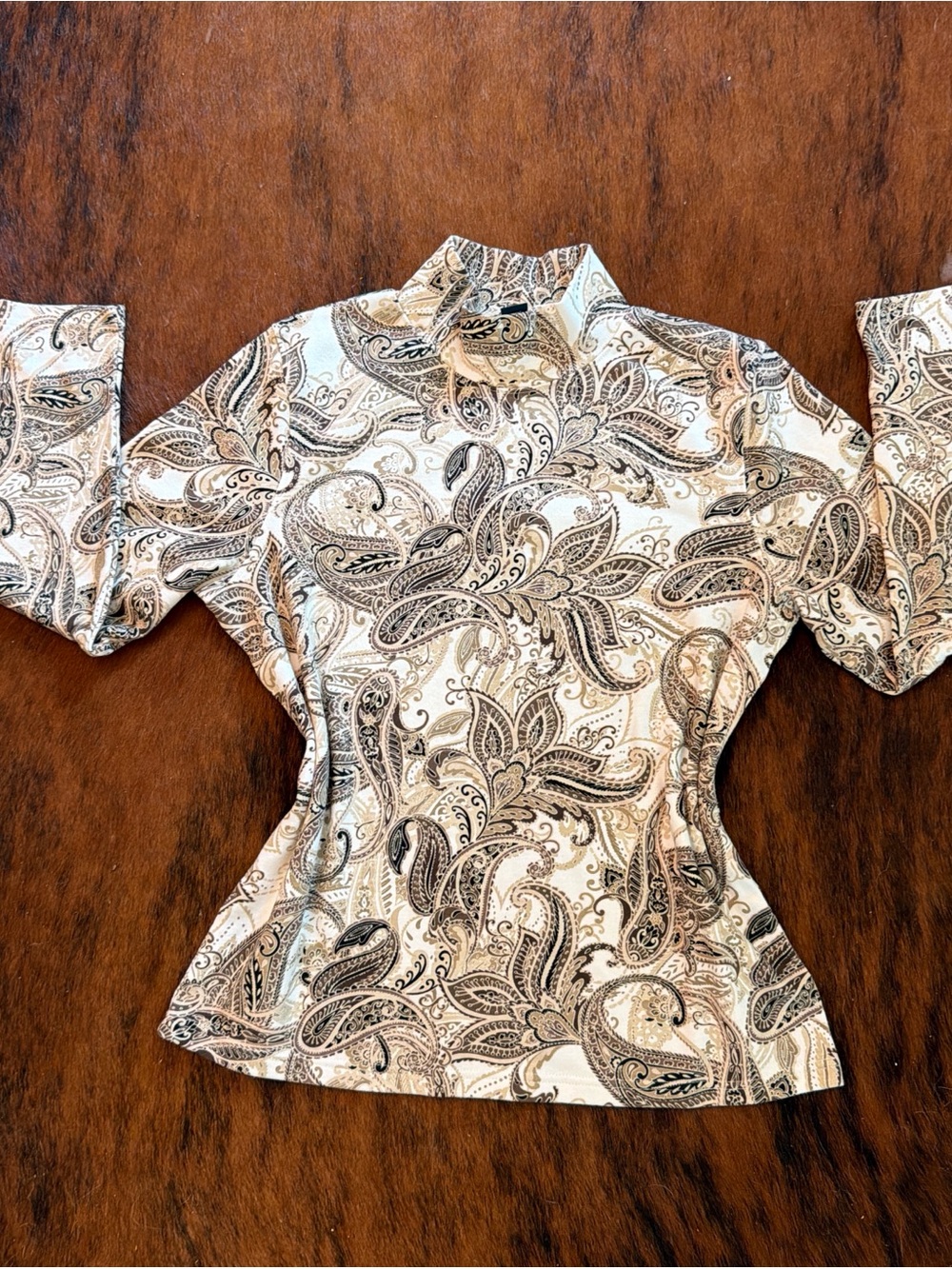 Karen Scott Cream and Black Paisley Mock Neck Top